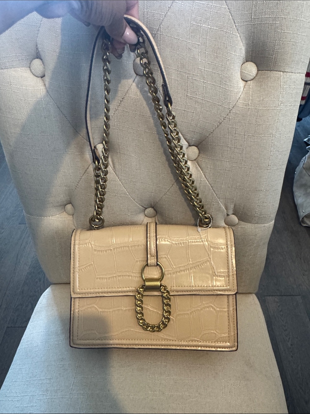 Zara Beige Croc-Embossed Chain Shoulder Bag